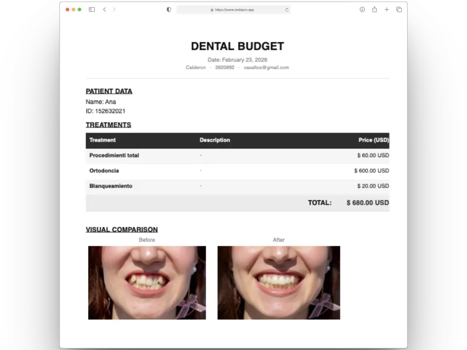 PDF de presupuesto dental con tratamientos, precios, total y fotos de antes y después